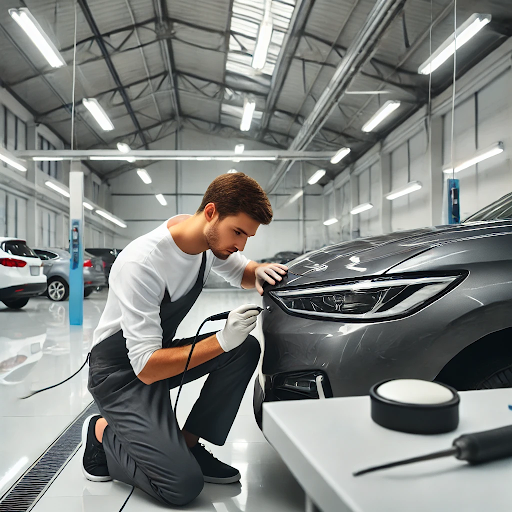 Technician performing paintless dent repair on a gray car in a modern auto shop, highlighting eco-friendly dent removal techniques.