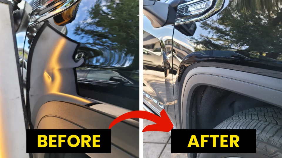 Before and after image showcasing paintless dent repair on a black truck, highlighting the restoration of the vehicle's sleek finish and removal of visible dents.