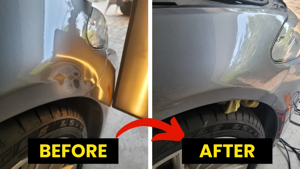 Before and after images of a car showing successful paintless dent repair, highlighting a smooth finish and restored appearance, demonstrating Dent Erasers LLC's service quality.