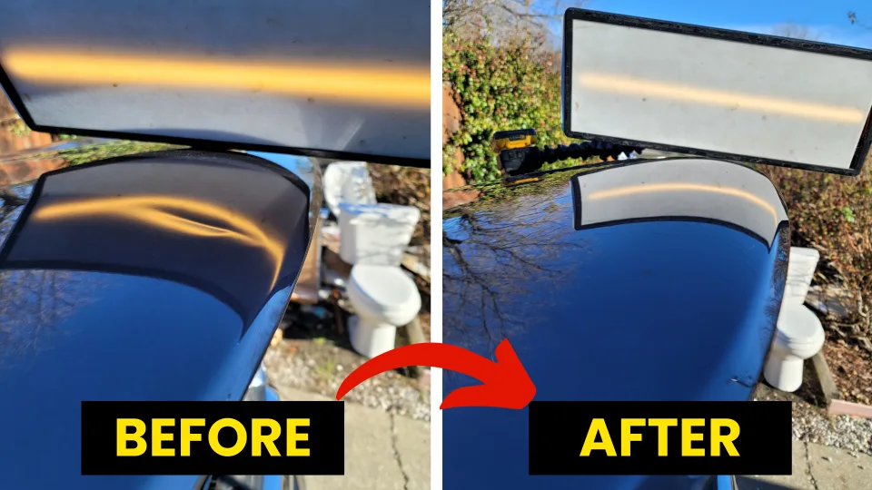 Before and after image of a car's dent repair, showcasing a smooth, glossy surface post-repair, emphasizing the effectiveness of mobile paintless dent removal services by Dent Erasers LLC.