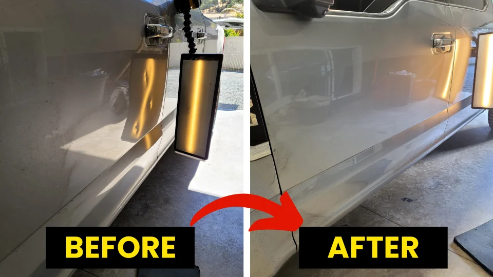 Before and after images of a car door showing successful paintless dent repair by Dent Erasers LLC, highlighting the restoration of the vehicle's original finish.