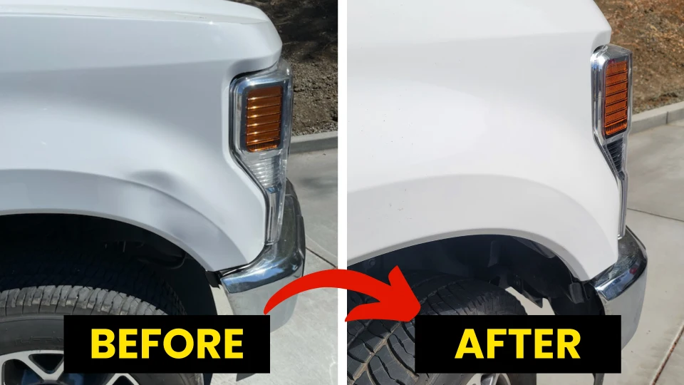 Before and after image of a truck's fender showing successful paintless dent repair by Dent Erasers LLC, highlighting the restoration of the vehicle's original finish.