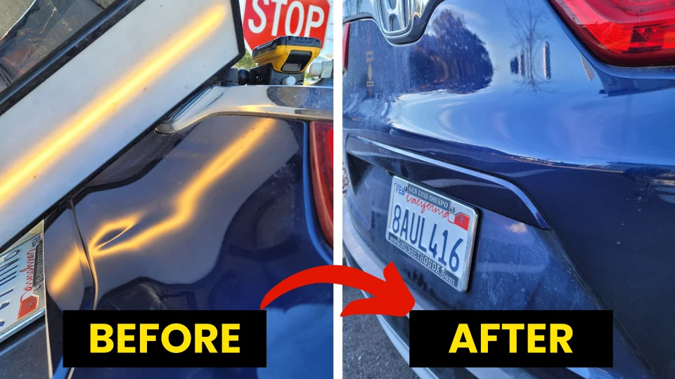 Before-and-after comparison of a car's rear bumper showing successful paintless dent repair, highlighting the transformation from a dented surface to a smooth finish, emphasizing Dent Erasers LLC's expertise in restoring vehicle aesthetics.