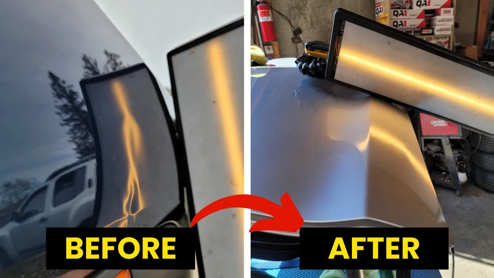 Before and after images of a vehicle's dent repair, showcasing a significant crease removal on a truck, highlighting the flawless finish achieved through mobile paintless dent repair services by Dent Erasers LLC.