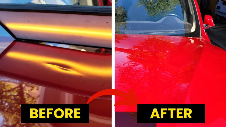 Before and after images of a red car's dent repair, showcasing a significant improvement in surface appearance, highlighting the effectiveness of mobile paintless dent repair services by Dent Erasers LLC.