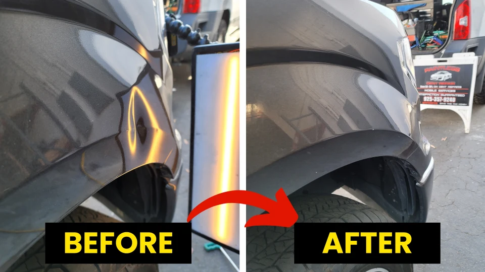 Before and after image of a paintless dent repair on a truck fender, showcasing a significant dent removal with a glossy finish, highlighting the restoration quality by Dent Erasers LLC.
