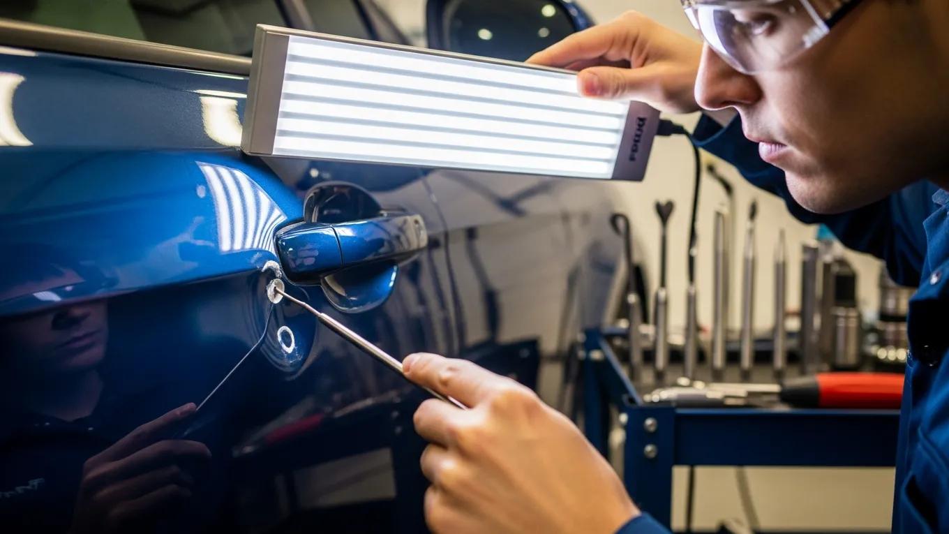 Technician Performing Paintless Dent Repair On A Vehicle, Showcasing The Repair Process And Tools Used
