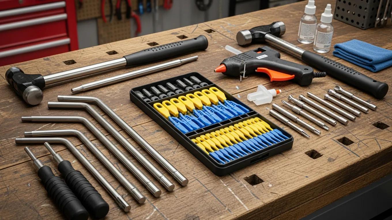 Large Dent Repair with Paintless Methods 1 Array Of Paintless Dent Repair Tools Including Dent Rods And Glue Puller Kits, Showcasing Essential Equipment