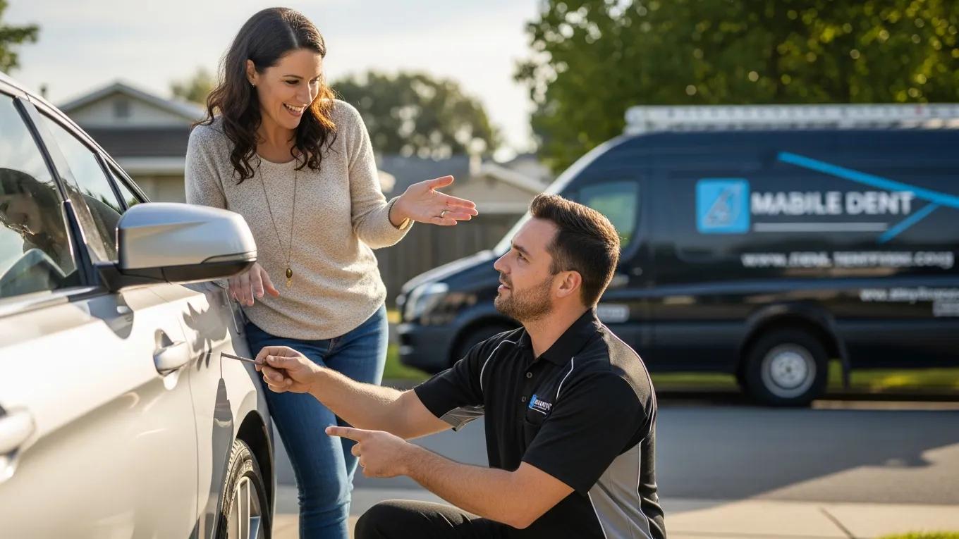 Mobile Paintless Dent Repair Benefits & Convenience 1 Car Owner Discussing Cost Benefits Of Mobile Paintless Dent Repair With Technician