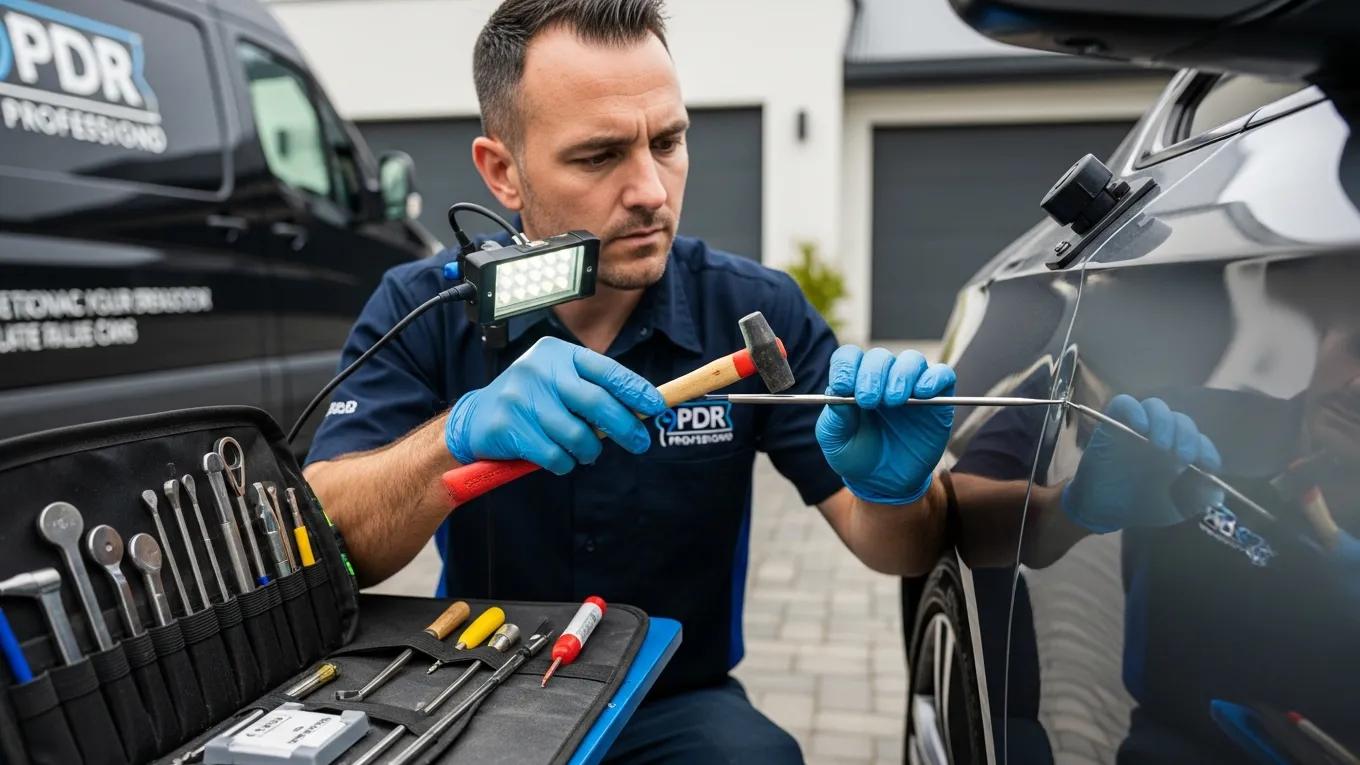 Mobile Paintless Dent Repair Benefits & Convenience 2 Certified Technician Performing Mobile Paintless Dent Repair With Advanced Tools