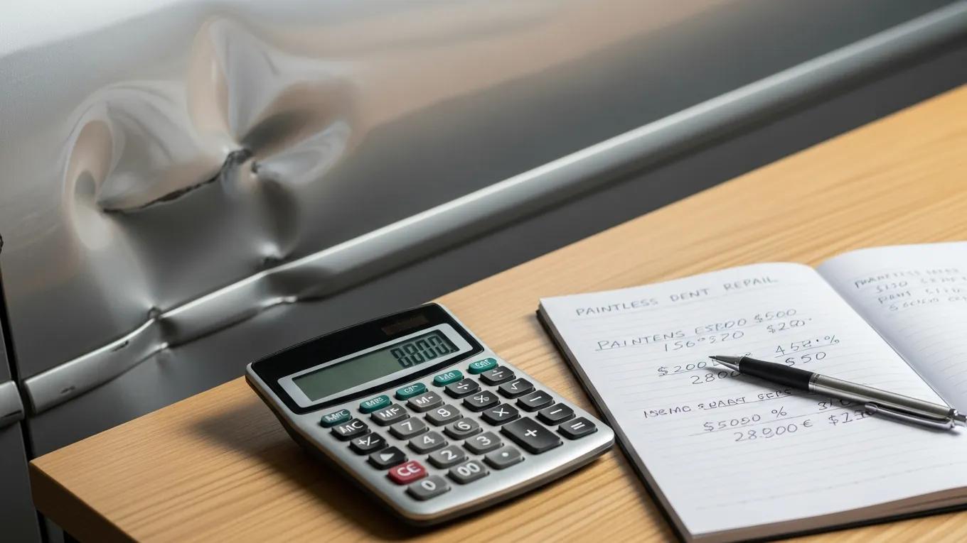 What to Expect When Booking Mobile PDR Service 1 Close-Up Of A Car With Dents And A Calculator Showing Repair Cost Estimates