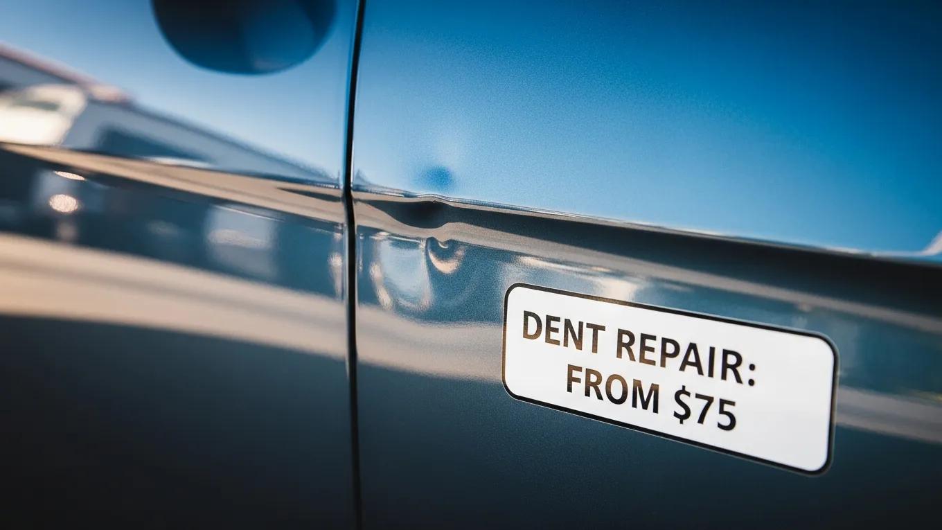 Complete Paintless Dent Repair Guide for Vehicle Owners 1 Close-Up Of A Car With Small Dents And A Price Tag, Representing The Cost-Effective Nature Of Paintless Dent Repair