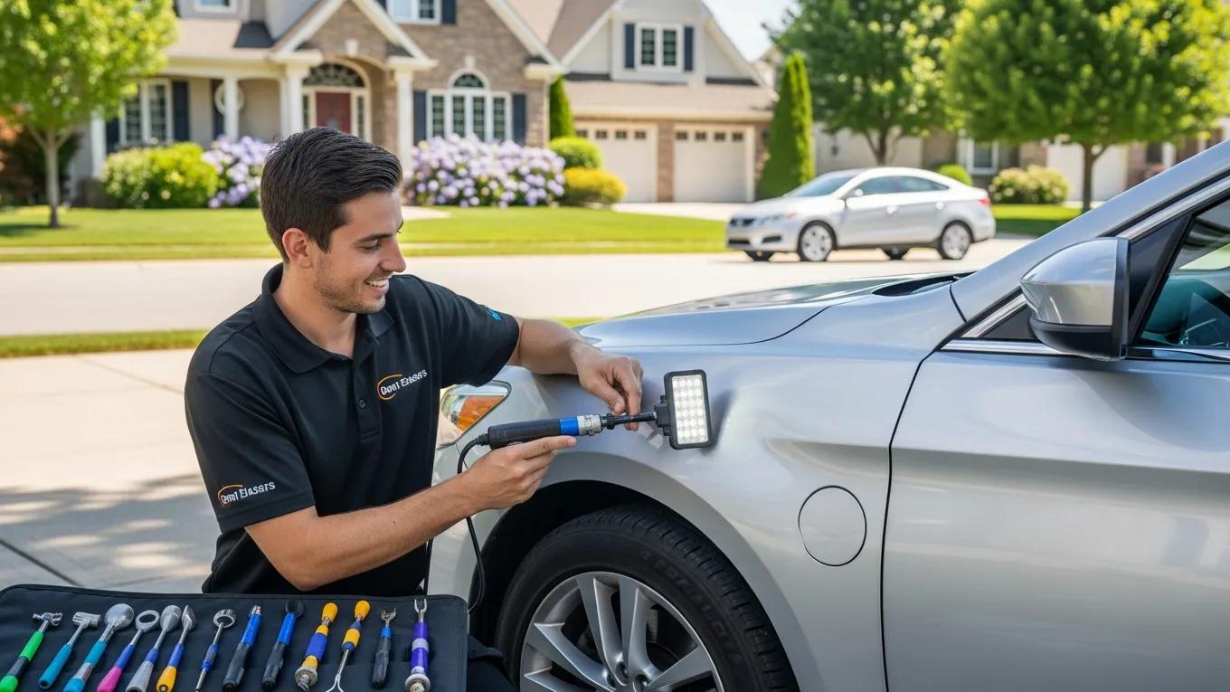 Complete Paintless Dent Repair Guide for Vehicle Owners 2 Mobile Dent Repair Technician Working On A Car In A Driveway, Highlighting The Convenience Of On-Site Services