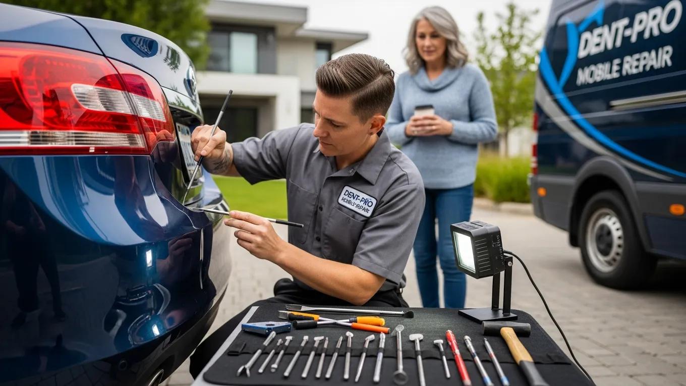 Plastic Bumper Repair: Paintless and Seamless Options 1 Mobile Dent Repair Technician Working On A Car In A Residential Driveway, Showcasing Convenience And Service Quality