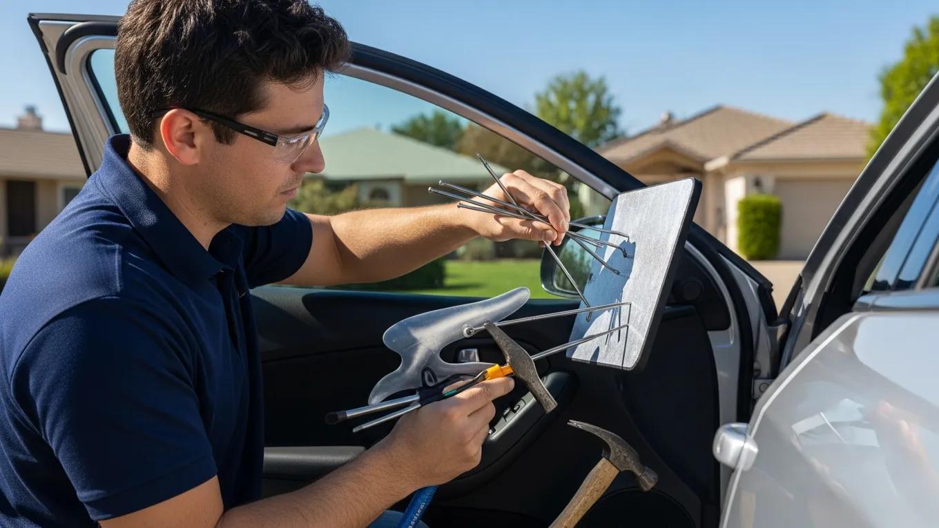 Mobile paintless dent repair technician working on a car door in a driveway