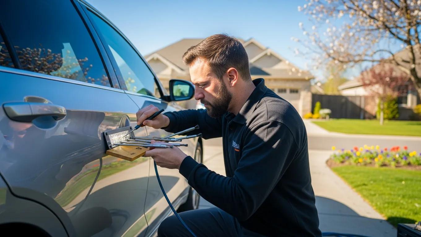 Mobile paintless dent repair technician working on a car in a driveway