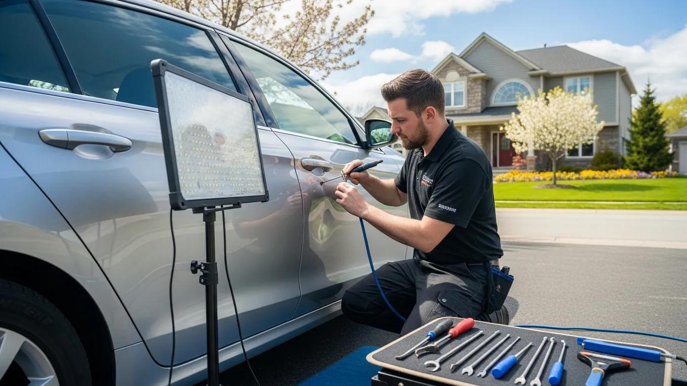 Professional PDR Tools and Techniques for Quality Repairs 2 Mobile Paintless Dent Repair Technician Working On A Car In A Driveway