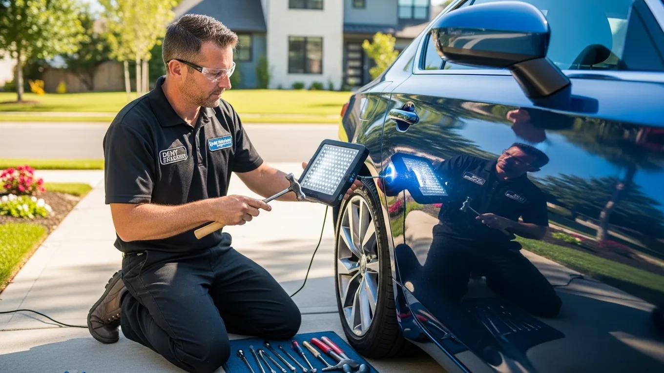 Mobile Dent Repair 60 Mobile Paintless Dent Repair Technician Working On A Car In A Driveway