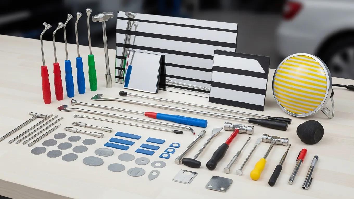 Professional paintless dent repair tools including PDR rods, glue pullers, and reflective boards on a workbench