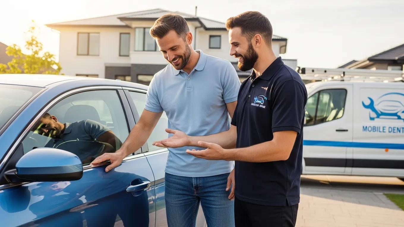 What to Expect When Booking Mobile PDR Service 2 Satisfied Car Owner Inspecting Their Vehicle After Successful Dent Repair