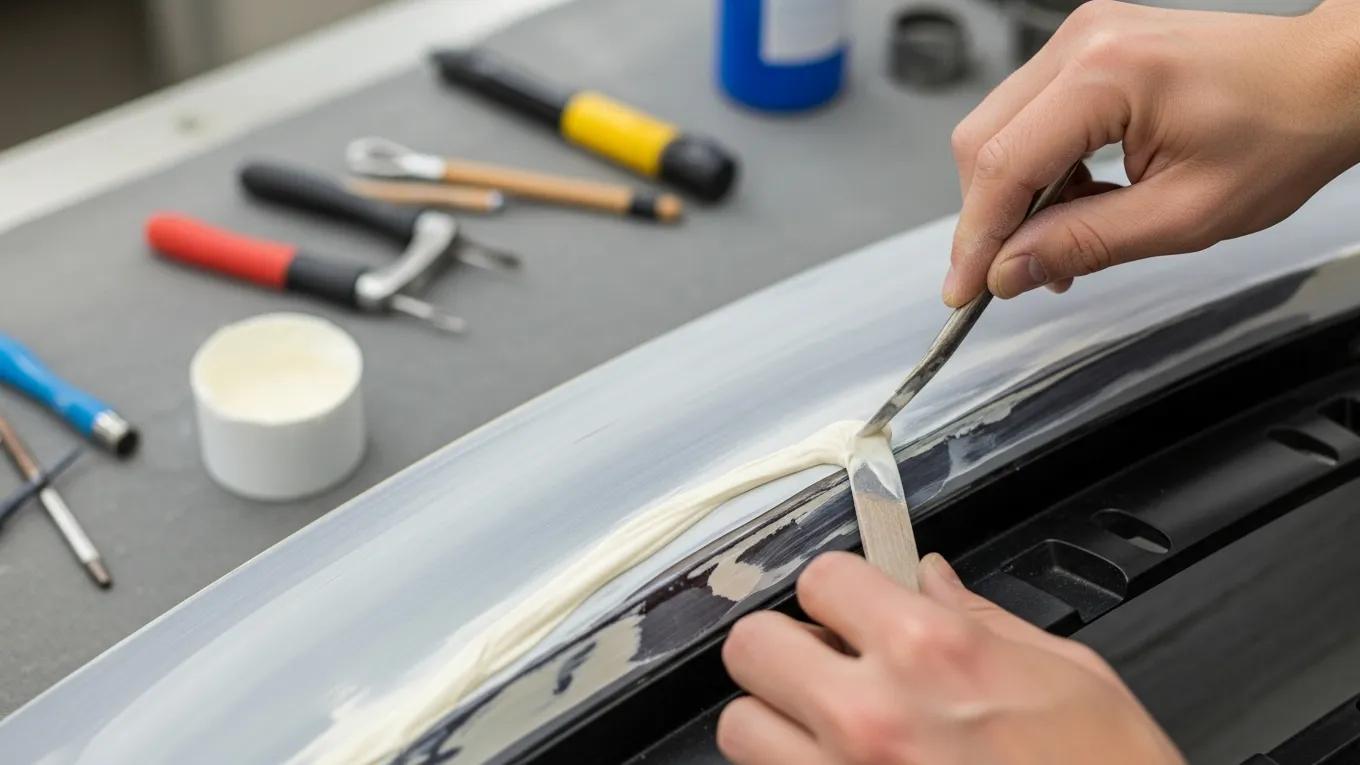 Plastic Bumper Repair: Paintless and Seamless Options 2 Technician Applying Filler To A Plastic Bumper During Seamless Repair Process, Highlighting Attention To Detail