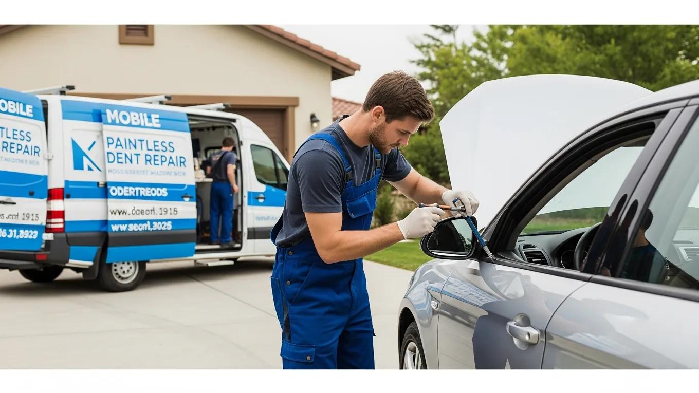 Paintless Dent Repair Step-by-Step Process Explained 2 Technician Performing Mobile Paintless Dent Repair At A Residential Location, Showcasing The Convenience And Efficiency Of On-Site Services