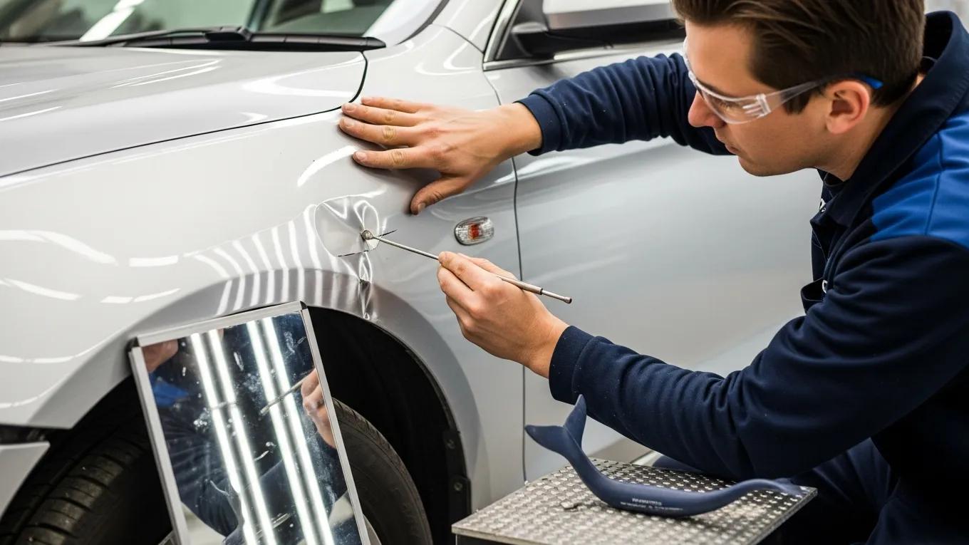 Technician performing paintless dent removal on aluminum panel in automotive workshop
