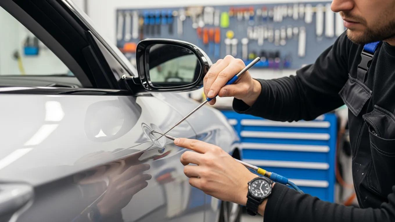 Technician performing Paintless Dent Repair on a car, highlighting the specialized tools and techniques used in the process