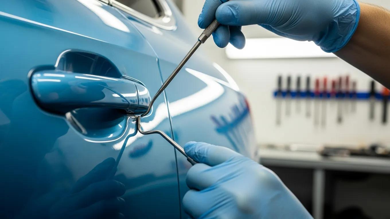 Paint Matching and When PDR Isn't Enough 2 Technician Performing Paintless Dent Repair On A Car Panel