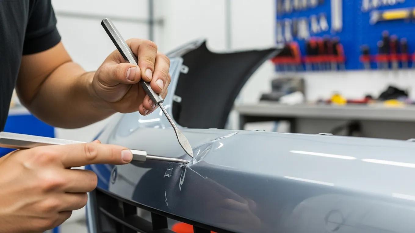 Technician performing paintless dent repair on a plastic bumper in a professional garage setting