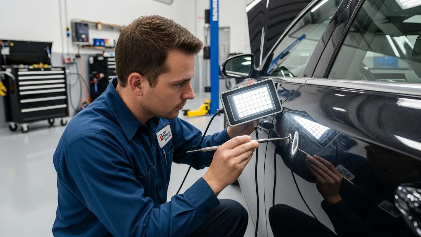 Technician performing paintless dent repair on a vehicle, showcasing specialized tools and techniques
