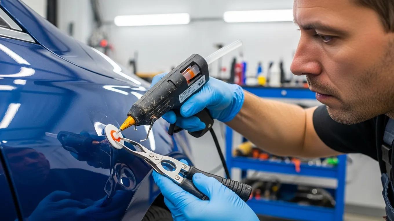 Professional PDR Tools and Techniques for Quality Repairs 1 Technician Using A Hot Glue Gun And Glue Puller On A Car Dent In A Garage