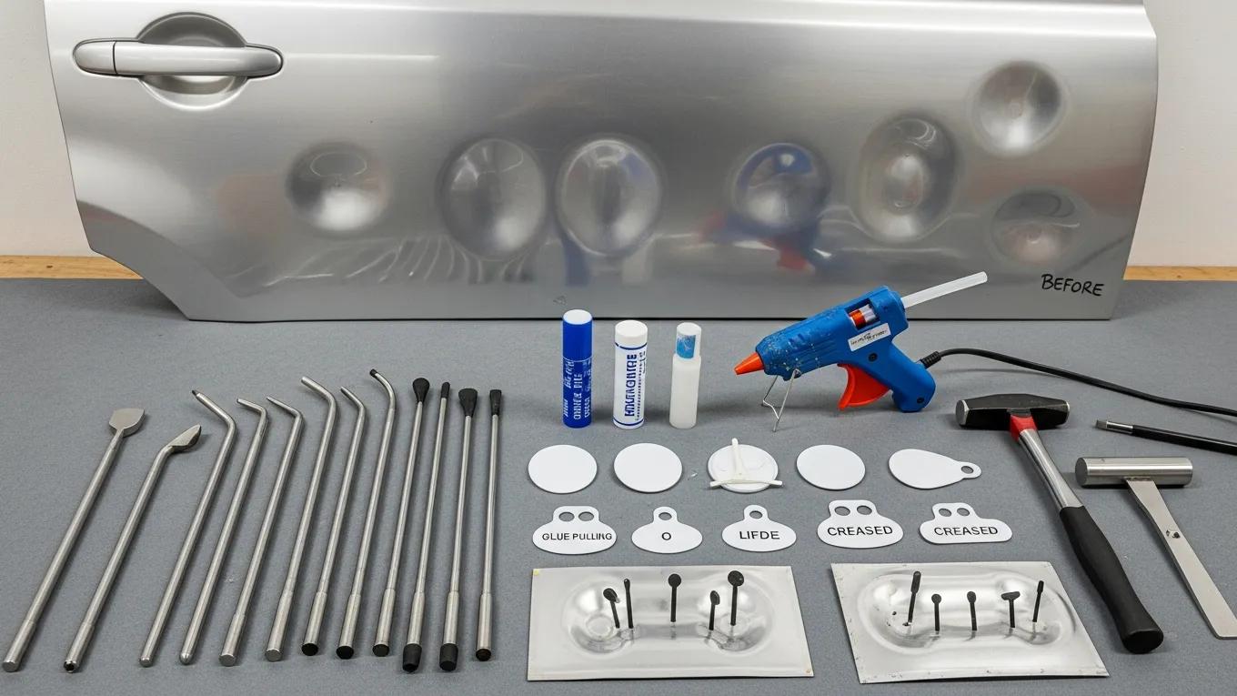 Aluminum Panel Repair with PDR: Best Practices 1 Various Paintless Dent Removal Tools For Aluminum Panel Repair On Workbench