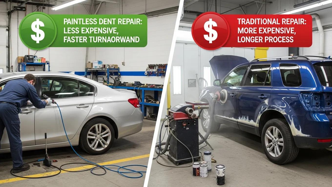 Visual Comparison Of Paintless Dent Repair And Traditional Dent Repair Methods, Highlighting Cost Differences
