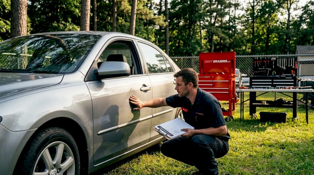 Technician checking small dent on car door