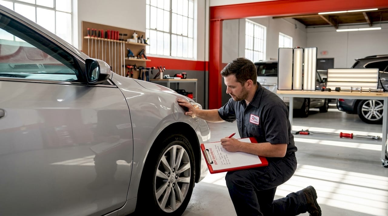 Technician inspecting car fender for damage