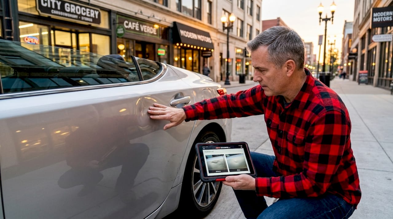 Man inspecting car dent before lease return
