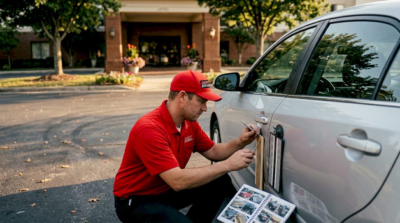 Smart 12 Technician Repairing Car Dent In Hotel Parking Lot