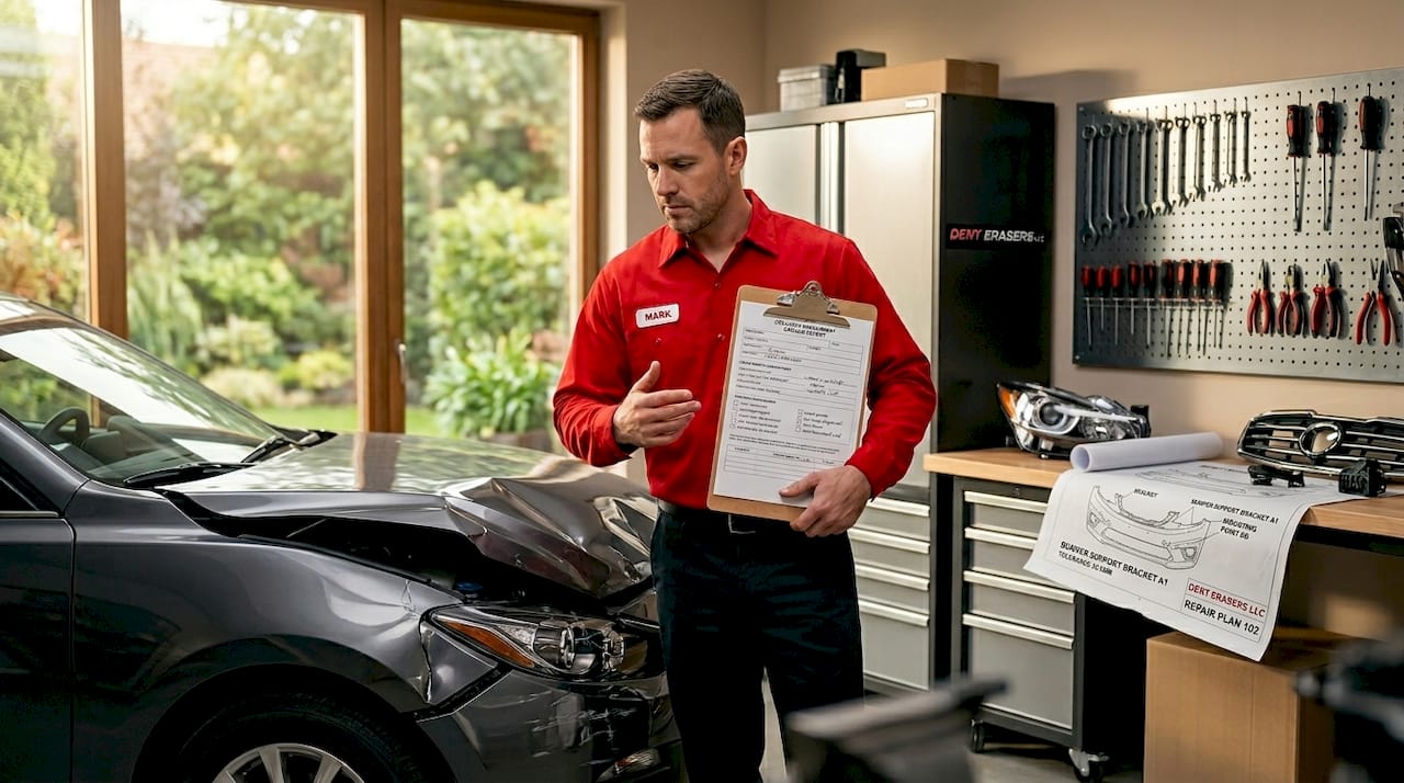 Technician inspecting front-end collision damage