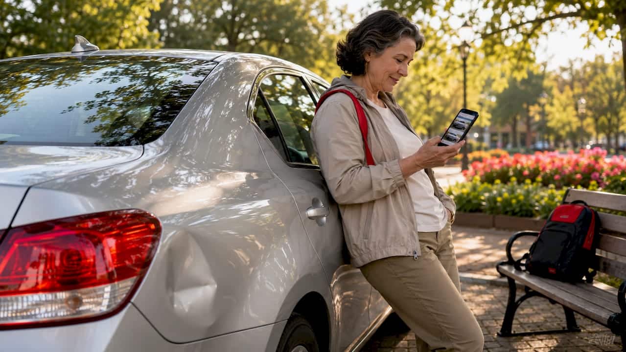 Woman Submitting Car Dent Photos For Appointment
