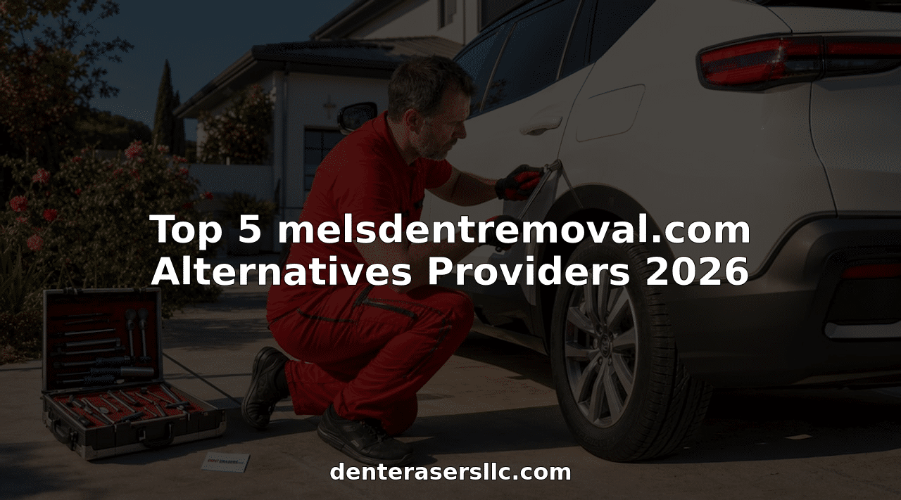 Technician performing dent repair on sedan outdoors