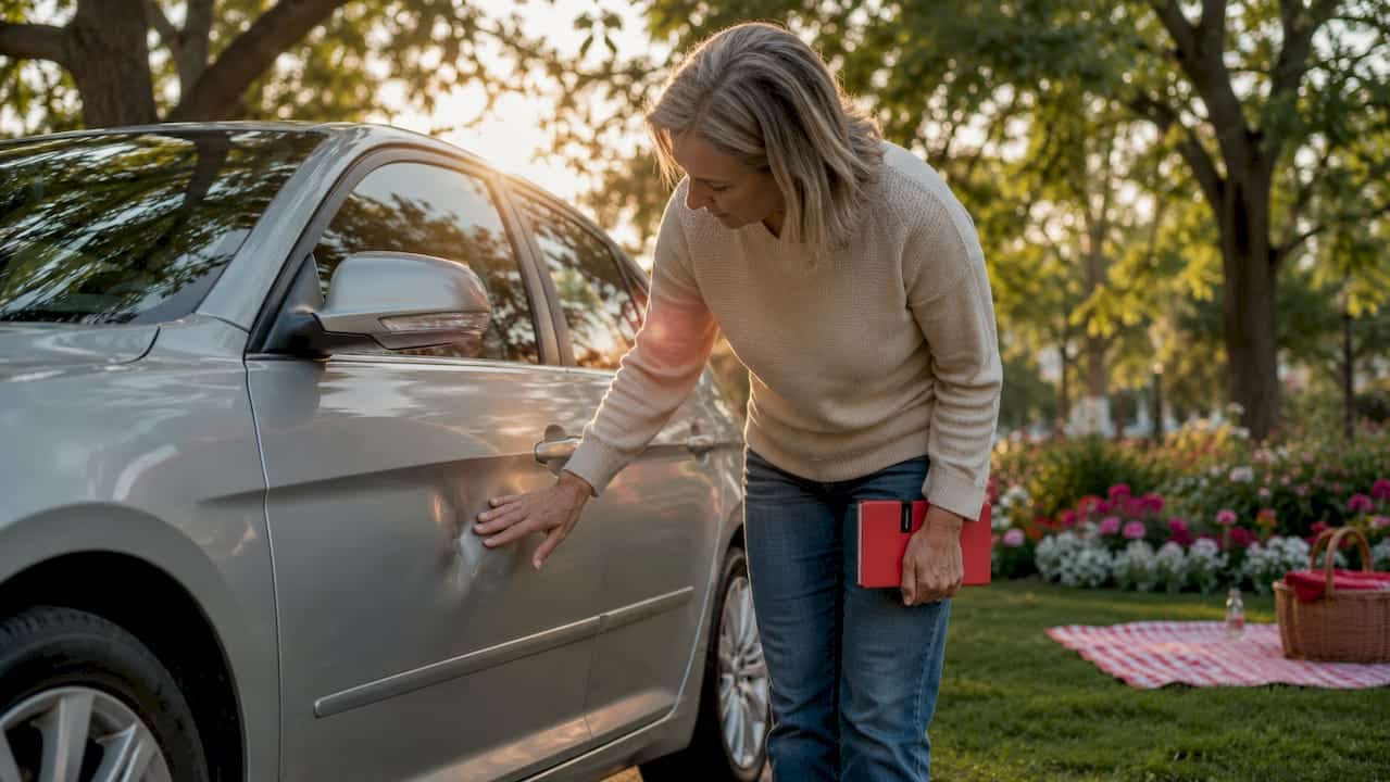 Woman Inspecting Small Dent On Car Door