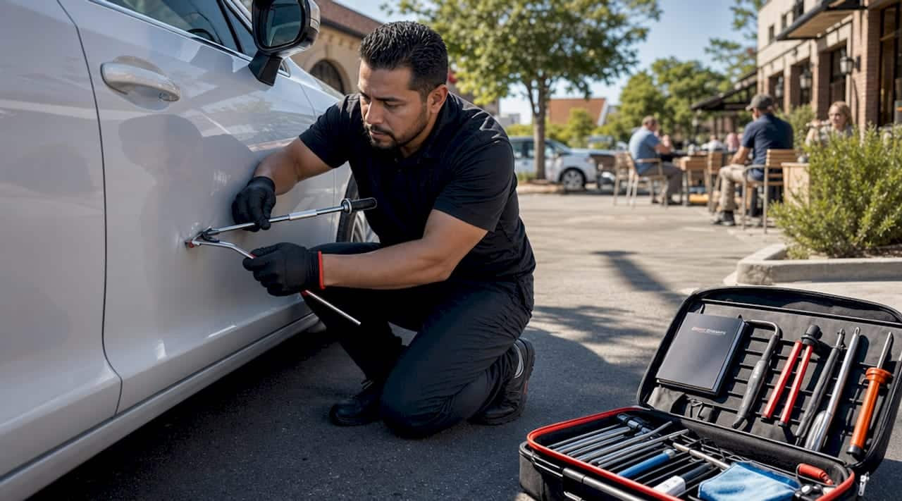 Technician Performing Paintless Dent Repair Outdoors