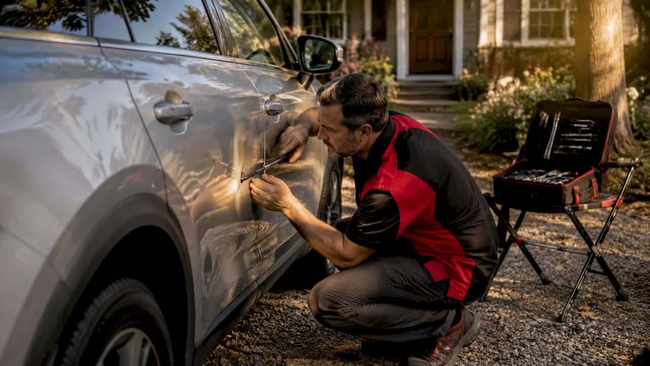 Mobile Auto Body Technician Repairing Car Dent Outdoors