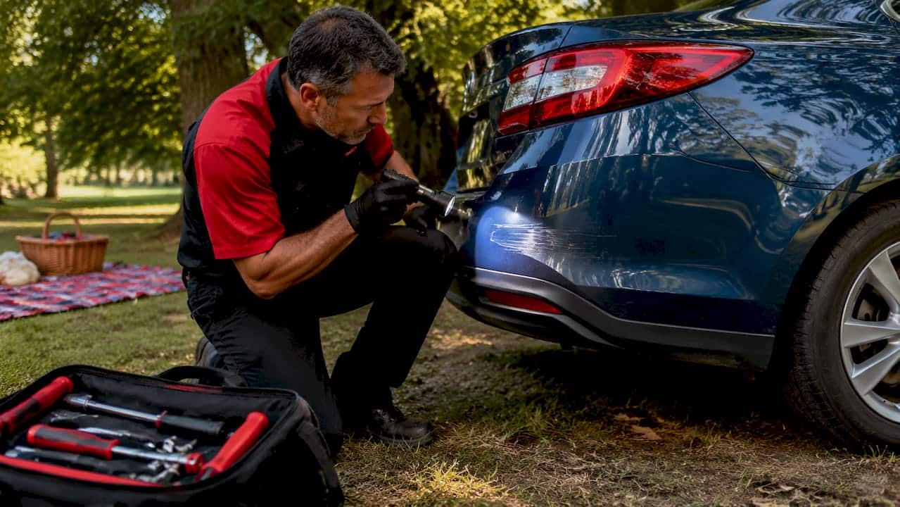 Technician inspecting car bumper dents outdoors