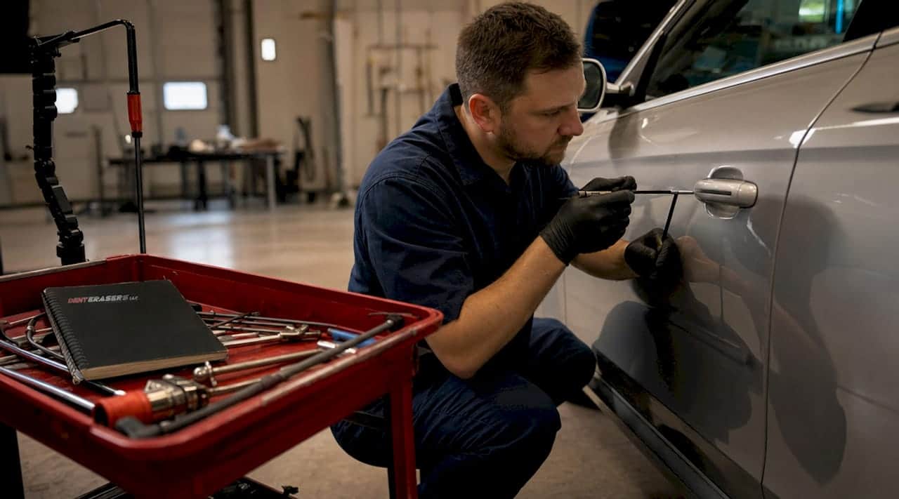 Technician Performing Paintless Dent Repair On Silver Car Door