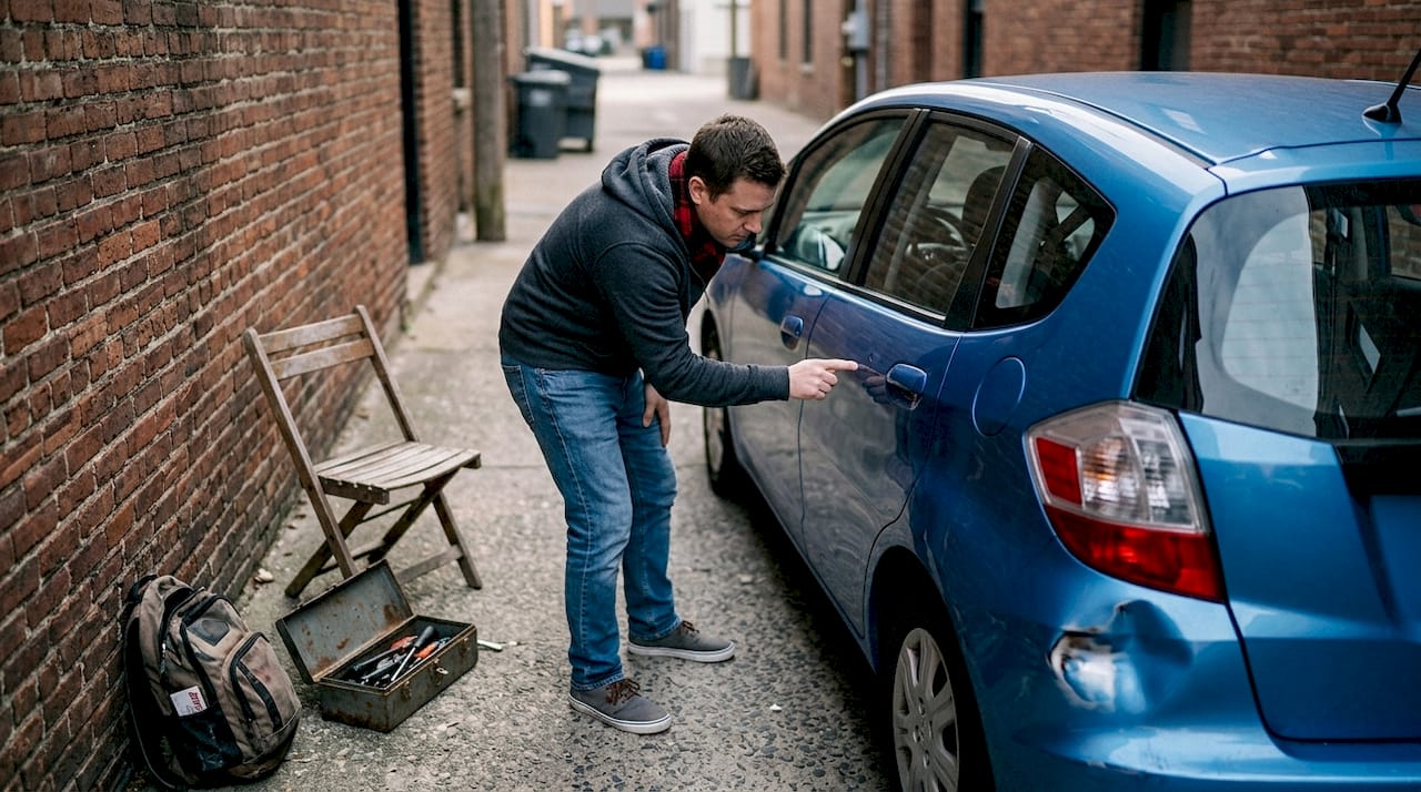 Person Inspecting Car Dent And Ding On Vehicle Surface