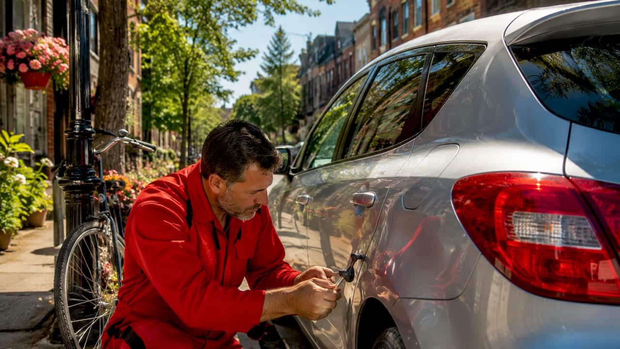 Mobile Car Restoration Technician Repairing Dent Outdoors