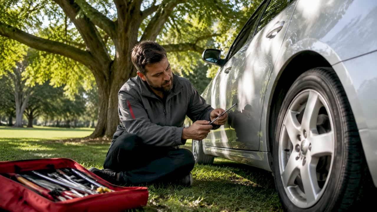 Mobile technician repairing vehicle dents onsite