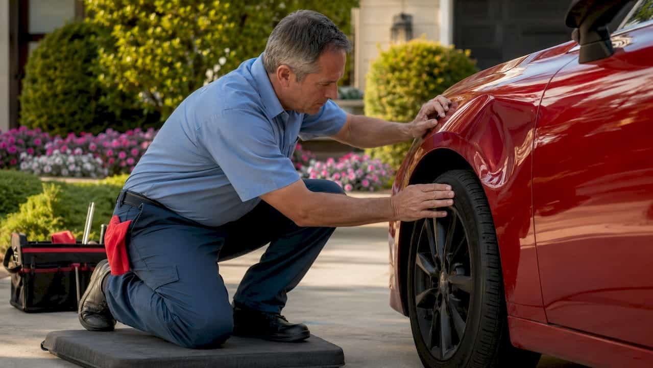 Technician inspecting dented car fender in workshop